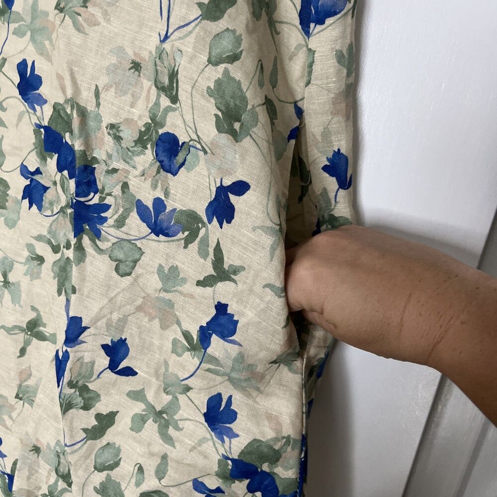 Tuckernuck Shirt Dress XL Linen Cotton Floral Bellflower Bloom Sleeveless Pocket - Picture 2 of 7